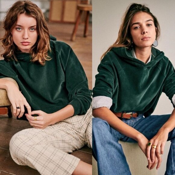 Sezane Mary Sweatshirt Sage Green Size Medium French Organic Cotton Velvet Boho - Picture 3 of 13